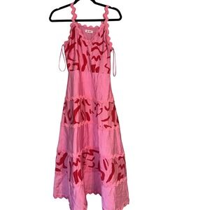 Day + Moon Pink‎ Red Abstract Print Tiered Maxi Dress Scalloped Trim S